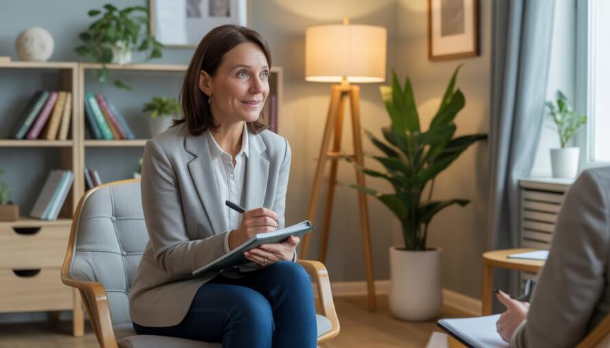 A female therapist sitting in a comfortable office, attentively listening and ready to take notes.