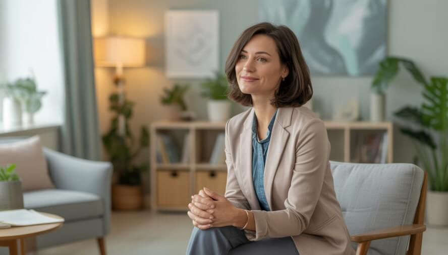 A female therapist sitting in a comfortable counseling office with plants and bookshelves, creating a calm and supportive environment.