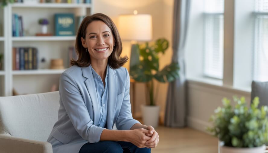 A female therapist sitting in a comfortable office with bookshelves and a plant, smiling warmly.