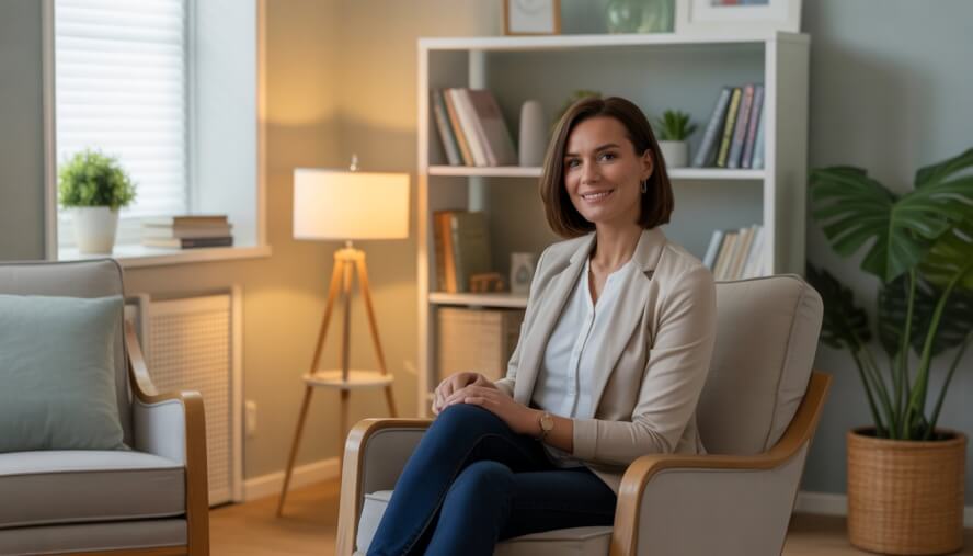 A female counselor sitting comfortably in a warmly lit therapy office with books and a plant nearby.