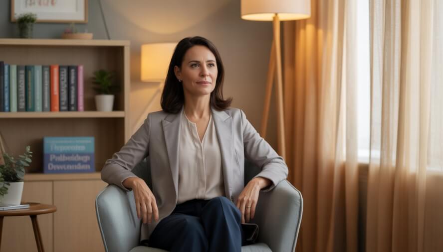 A female therapist sitting in a comfortable chair in a warmly lit office with bookshelves and a plant in the background.