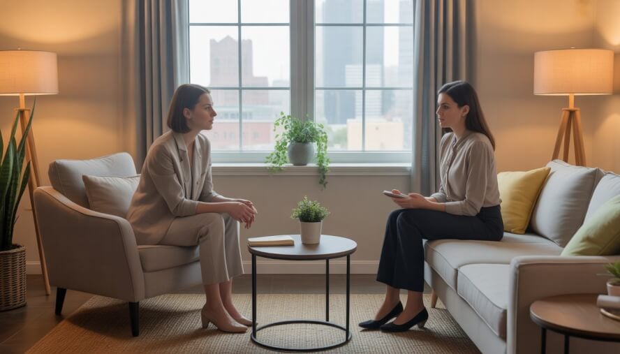 A female therapist attentively listening to a woman client in a comfortable therapy office with a window showing a city view.