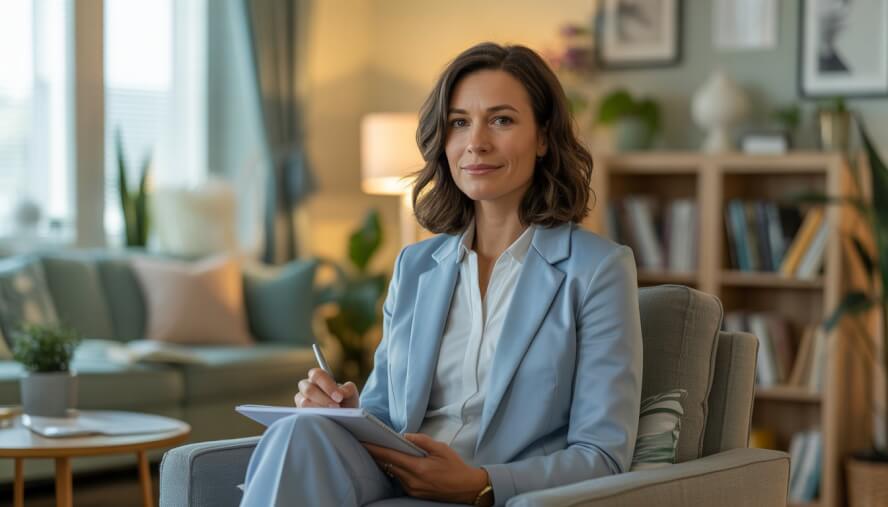 A female therapist sitting in a comfortable office, smiling gently and ready to listen.
