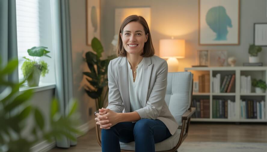 A female therapist sitting in a comfortable office with plants and books, smiling warmly.