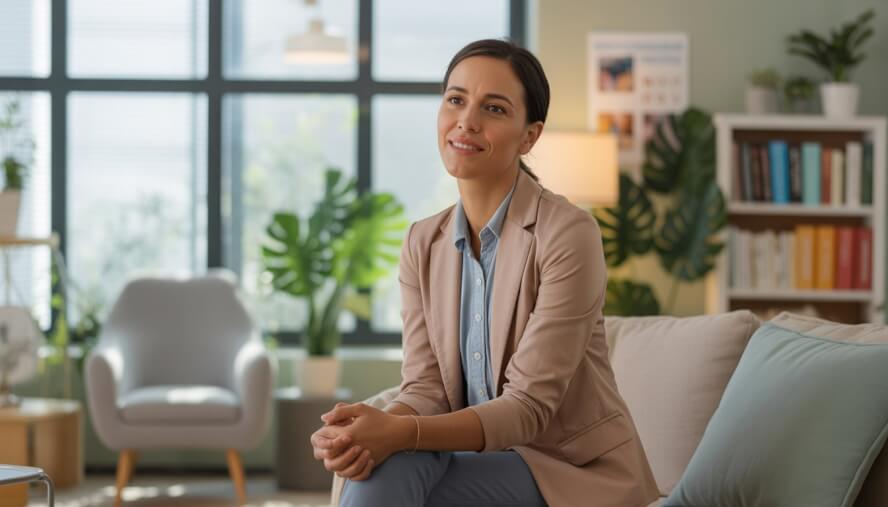 A female therapist sitting in a bright, welcoming office with plants and books, creating a supportive environment.