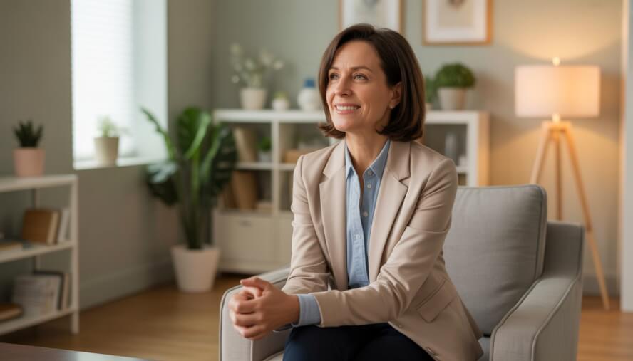 A female therapist sitting in a comfortable, well-lit counseling office with plants and bookshelves, looking warm and approachable.