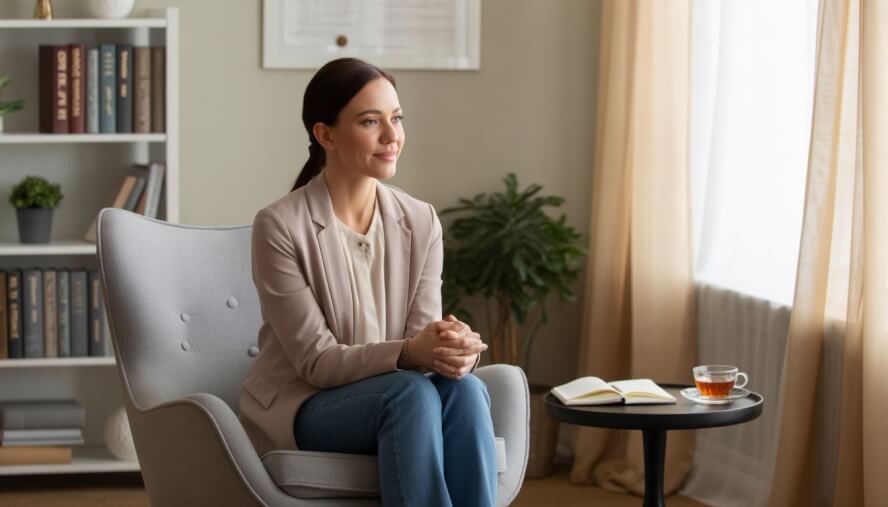 A female therapist sitting in a comfortable office, smiling warmly and listening attentively.