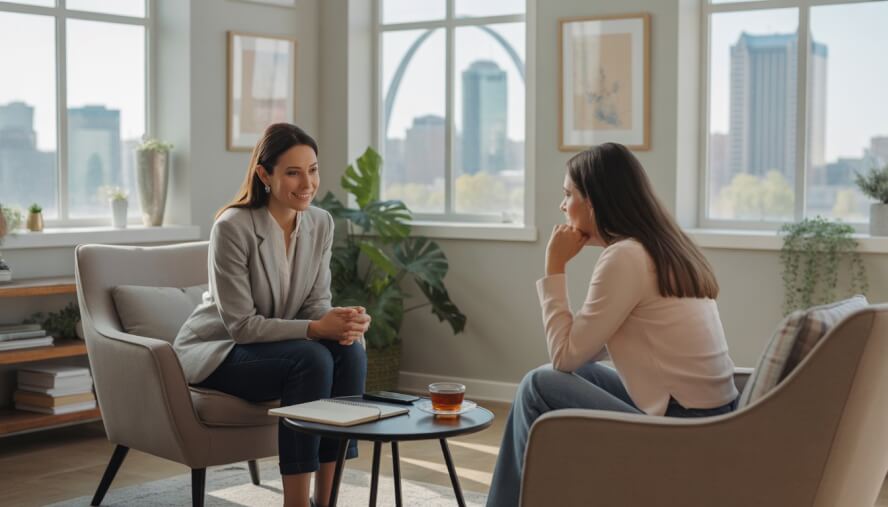 A female therapist and a female client talking in a bright therapy office with a view of the St. Louis skyline and Gateway Arch.
