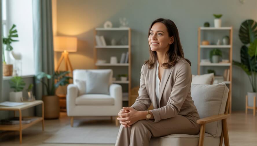 A female therapist sitting in a comfortable office with plants and bookshelves, looking calm and approachable.
