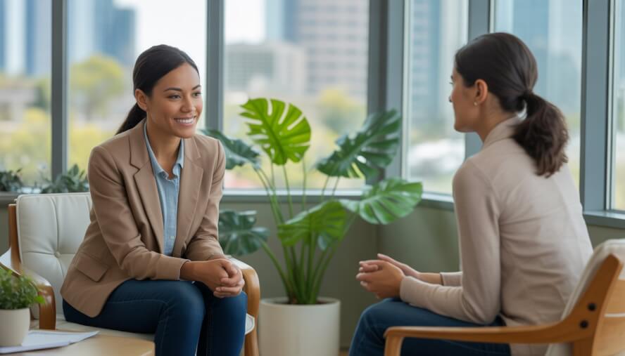 A therapist attentively listening to a client in a bright, comfortable office with plants and a city view.