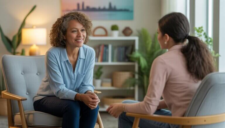 A therapist and a young adult client having a counseling session in a cozy office with natural light and calming decor.