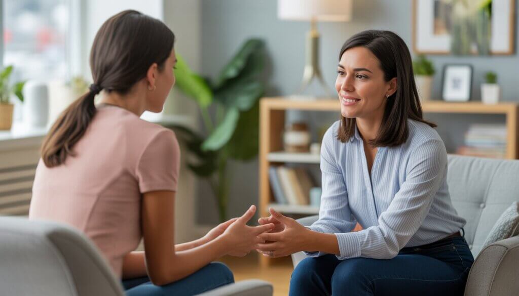 A therapist and client having a supportive conversation in a bright, comfortable therapy office with plants and a city view in the background.