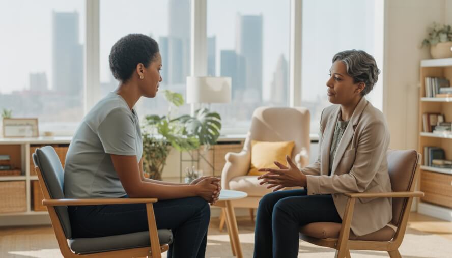 A therapist and client sitting in a bright, comfortable office with large windows showing a city view, engaged in a supportive conversation.