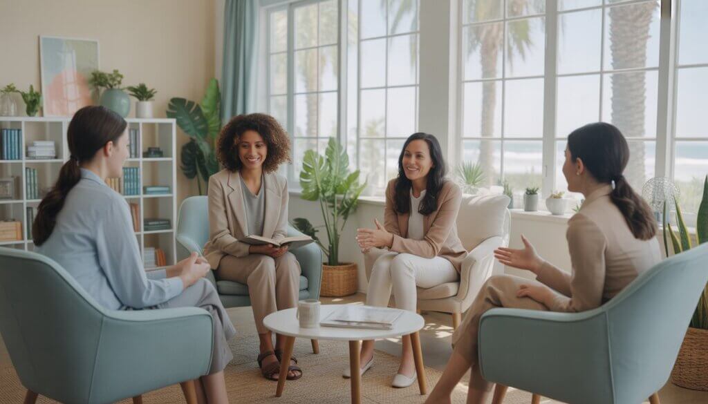 A therapy office with therapists and a client having a supportive conversation in a bright room with a view of palm trees and the coast.