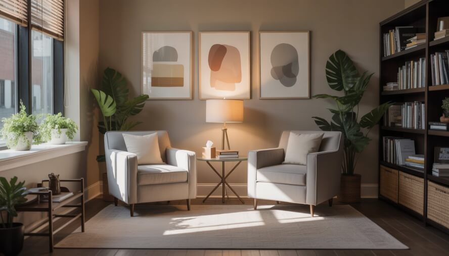 A calm therapy office with two armchairs, a small table, plants, and bookshelves in a bright room with large windows.