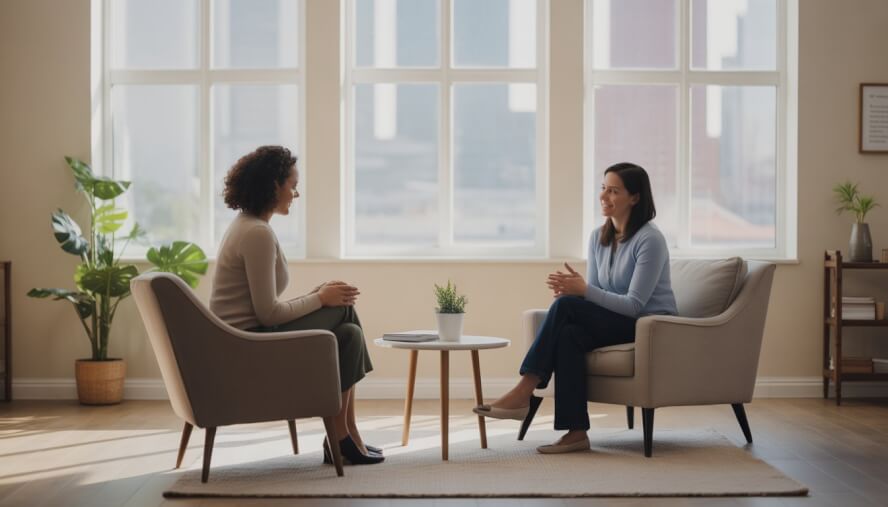 A therapist and client having a calm conversation in a cozy therapy room with a view of Pittsburgh through the window.