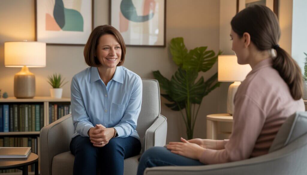 A therapist and client having a supportive conversation in a cozy therapy office.