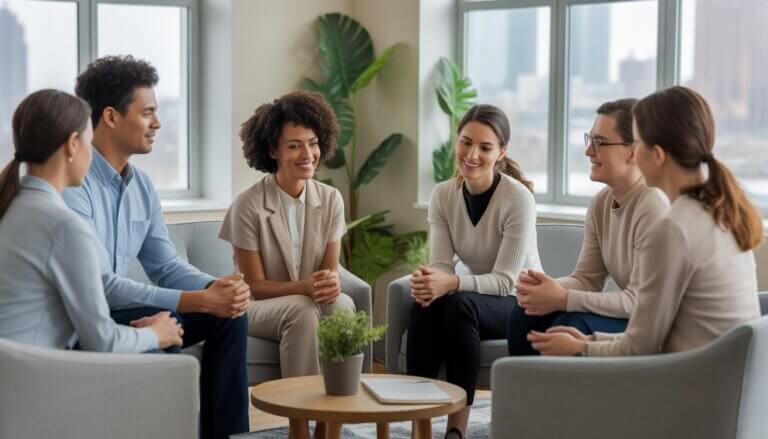 A group of diverse therapists sitting in a bright, comfortable office with large windows showing a city view, engaged in a supportive discussion.