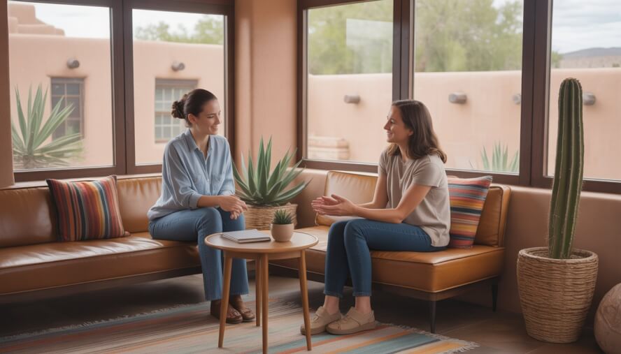 A therapist and client having a calm conversation in a comfortable therapy office with Southwestern decor and natural light.
