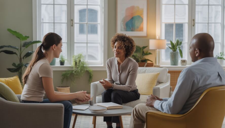 A therapist and two clients having a supportive therapy session in a bright, cozy office with a view of New Orleans buildings.
