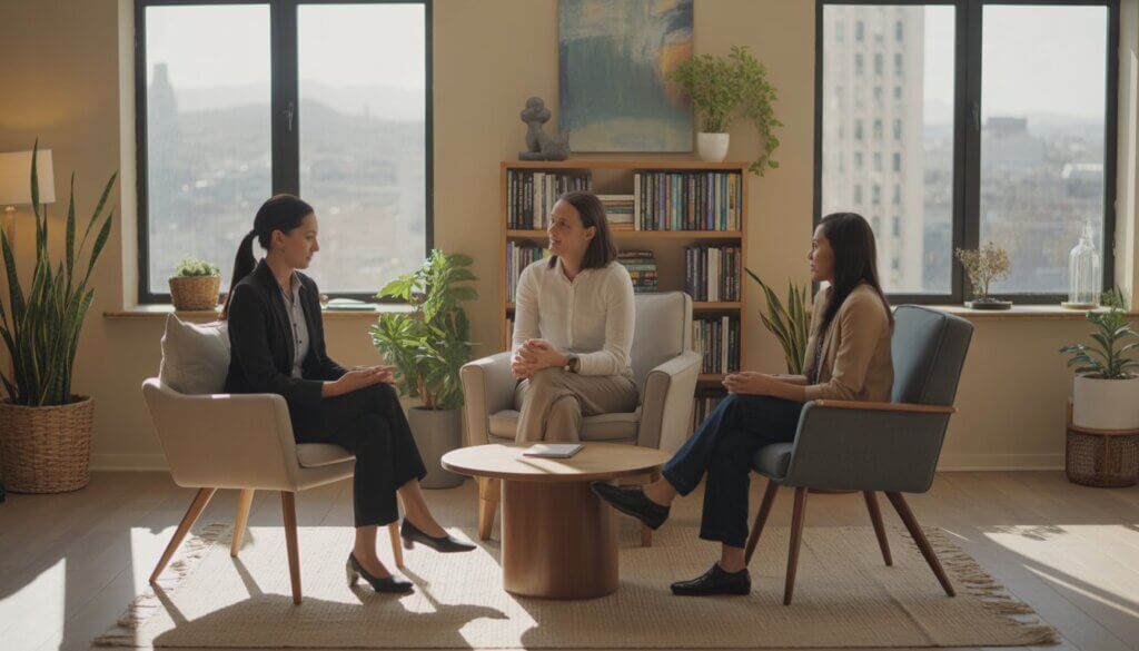 Three diverse therapists sitting in a comfortable office with large windows showing the Oakland cityscape, engaged in a supportive conversation.