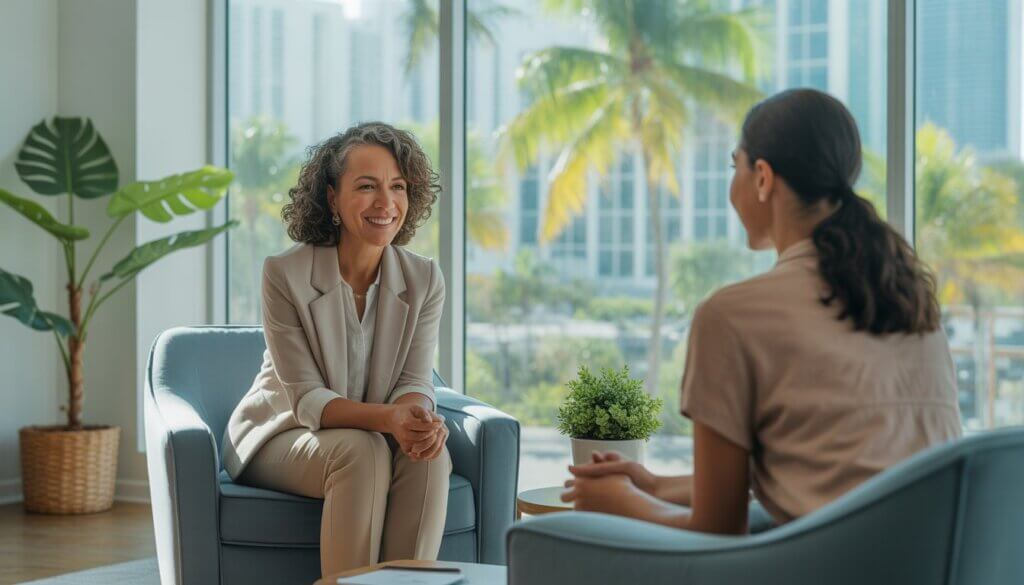 A therapist and client having a supportive conversation in a bright, modern therapy office with a view of palm trees and Miami cityscape.
