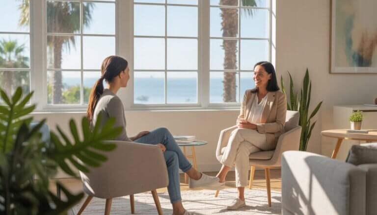 A therapist and client sitting in a bright office with large windows showing palm trees and ocean, engaged in a supportive conversation.