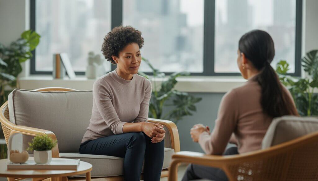 A therapist sitting in a bright office with large windows overlooking a city, engaged in a supportive conversation.