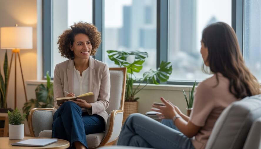 A therapist attentively listening to a client in a bright, comfortable therapy office with a city view in the background.