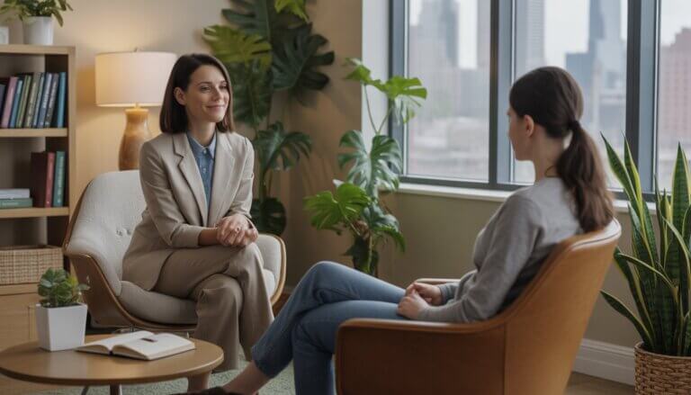 A therapist and client having a supportive conversation in a cozy office with plants and a city view through the window.