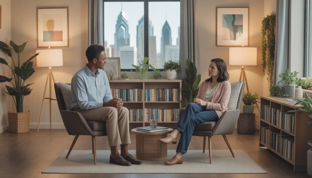 A therapist and client having a supportive conversation in a cozy therapy office with a window showing the Philadelphia skyline.