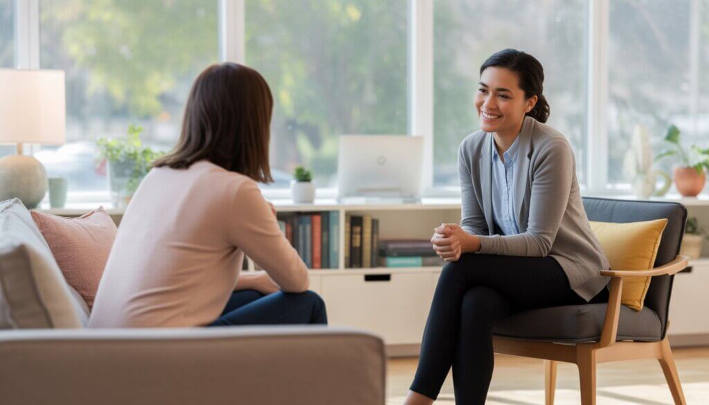 A therapist and client talking in a bright, comfortable therapy office in Berkeley with large windows and plants.