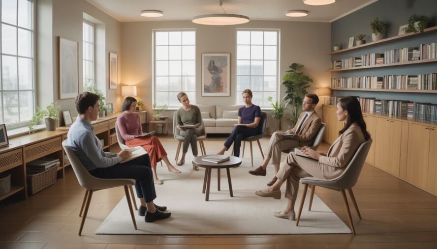 A group of adults sitting in a well-lit therapy room with a therapist listening attentively.
