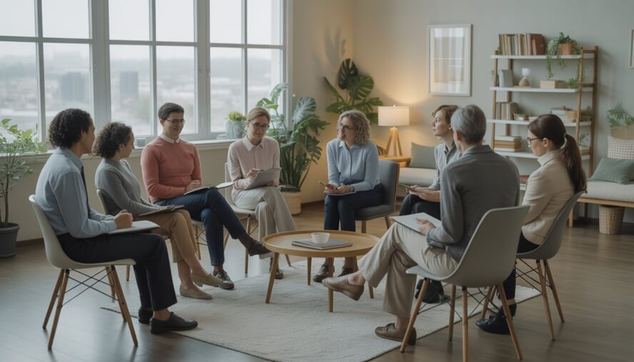 A group of adults and a therapist sitting together in a bright therapy room with a cityscape visible through the windows.