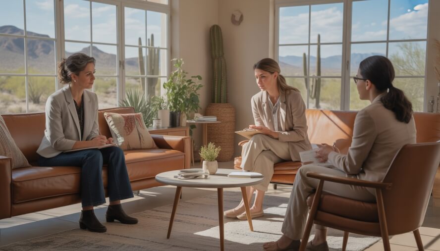 Three adults in a therapy session in a bright room with large windows showing a desert landscape with cacti outside.