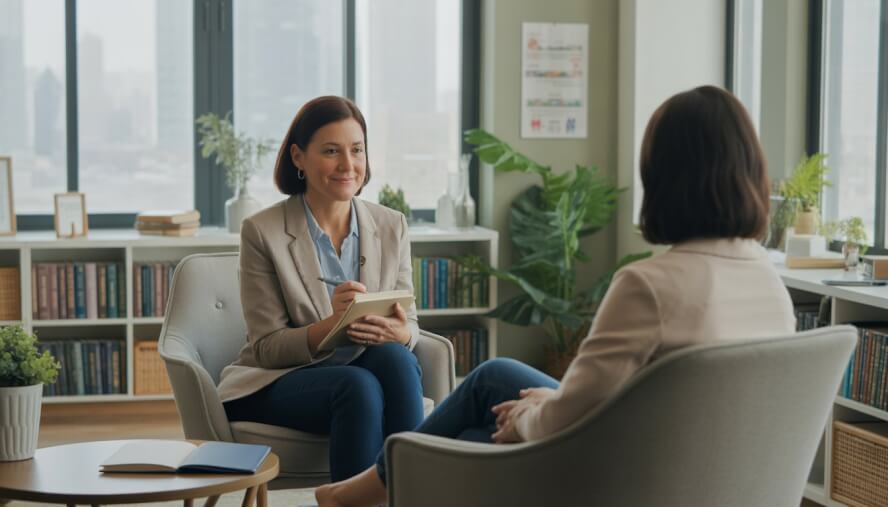 A therapist and client sitting in a comfortable office with natural light and plants, engaged in a conversation.
