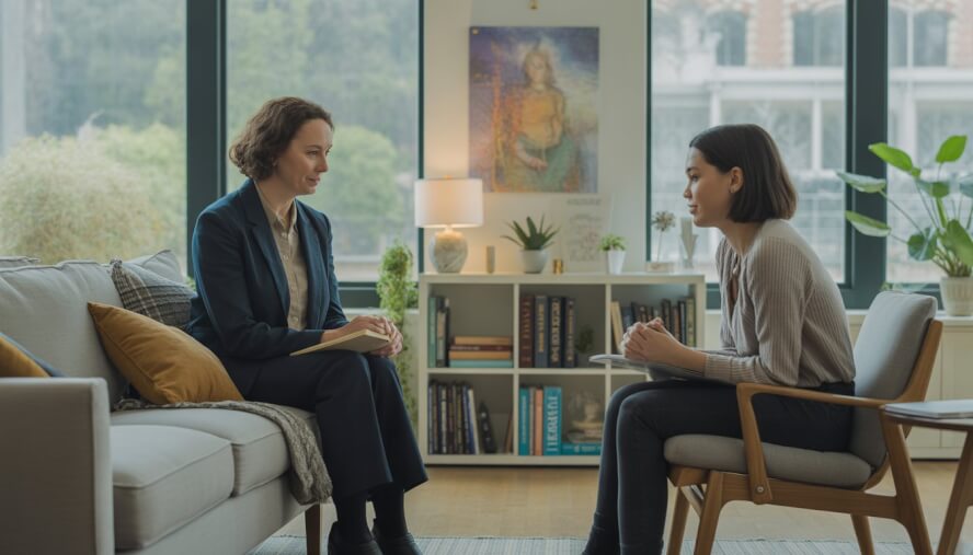 A therapist and a client having a calm conversation in a bright, comfortable office with large windows showing greenery outside.