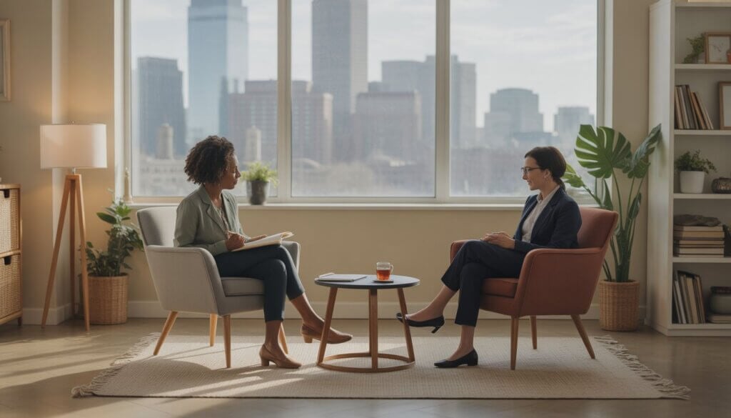 A therapist and an adult client having a conversation in a bright therapy office with large windows showing a city view.