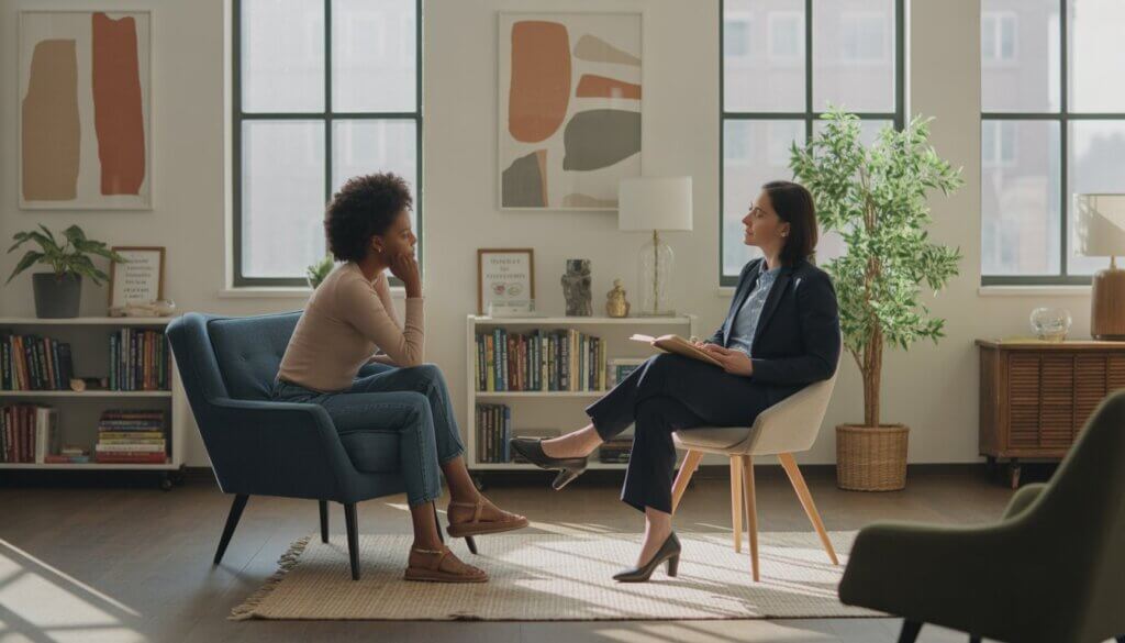 A therapist and an adult client in a bright, comfortable therapy office having a focused conversation.