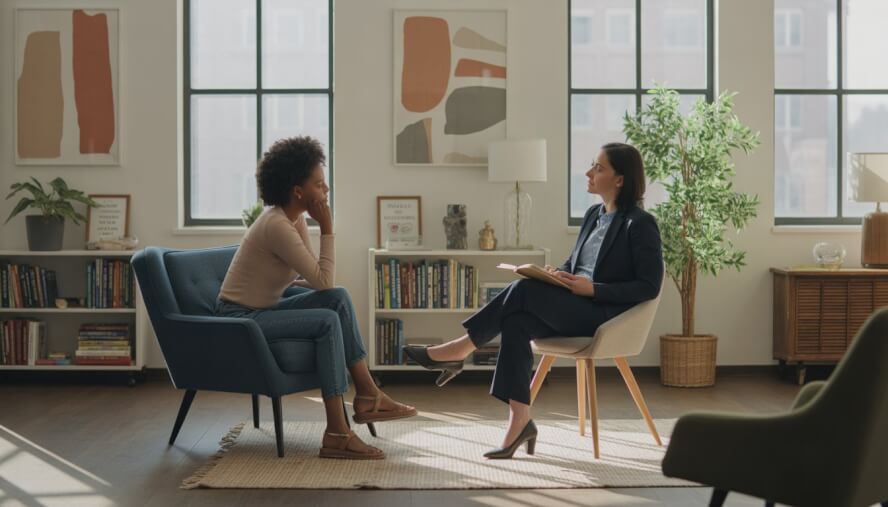 A therapist and an adult client in a bright, comfortable therapy office having a focused conversation.