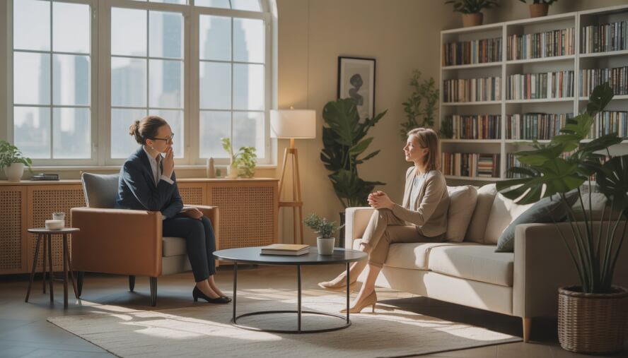 A therapist and an adult client having a conversation in a bright, comfortable therapy office with a view of Minneapolis through the window.