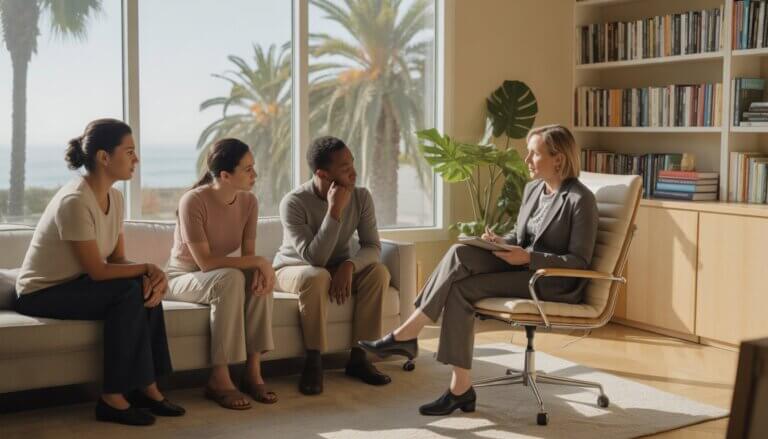A therapist talking with three adults in a bright, comfortable therapy office with windows showing palm trees and ocean views.