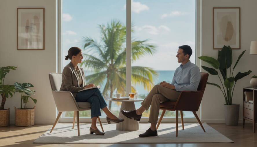 A therapist and a client having a conversation in a bright office with palm trees visible outside the window.