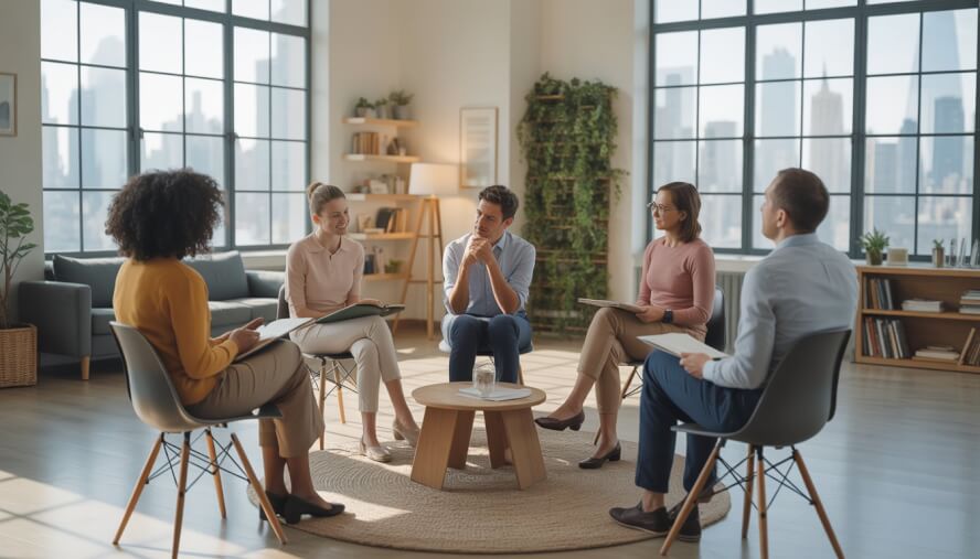 A group of adults and a therapist sitting in a circle in a bright office with a view of the New York City skyline, engaged in a therapy session.
