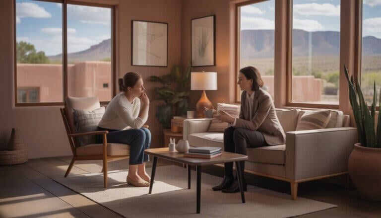 A therapist and an adult client sitting in a warm, inviting therapy office with southwestern decor and a view of red rock landscape outside.