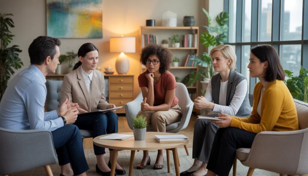 A group of therapists in a bright therapy office having a thoughtful discussion.