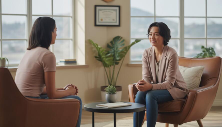 A therapist and a client having a supportive conversation in a bright, comfortable therapy office with a view of San Jose outside the window.