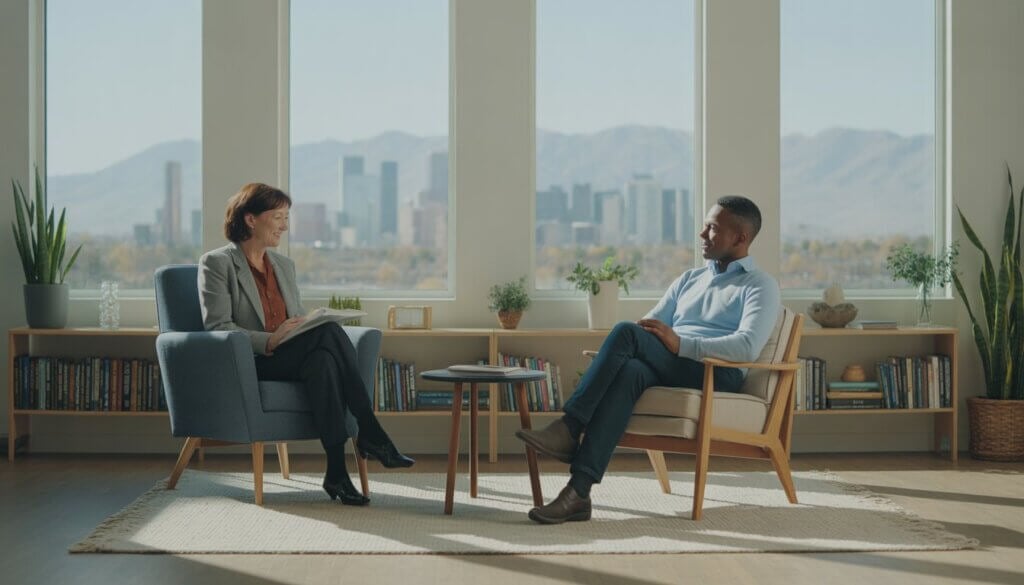 A therapist and an adult client having a conversation in a bright therapy office with a view of Denver and mountains outside.