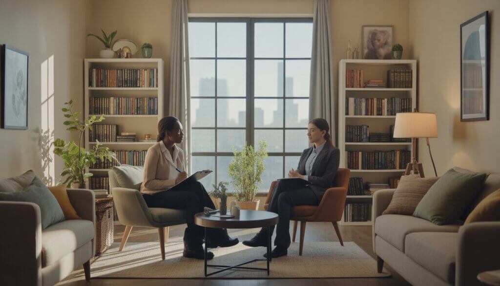A therapist and an adult client having a conversation in a comfortable therapy office with a window showing a city view.