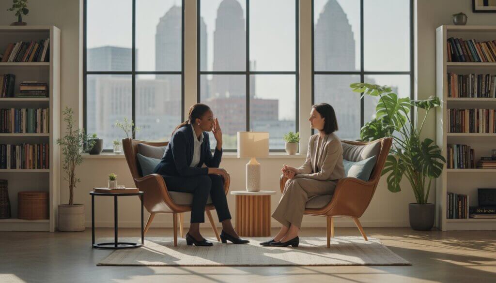 A therapist attentively listening to an adult client in a comfortable therapy office with a city view in the background.